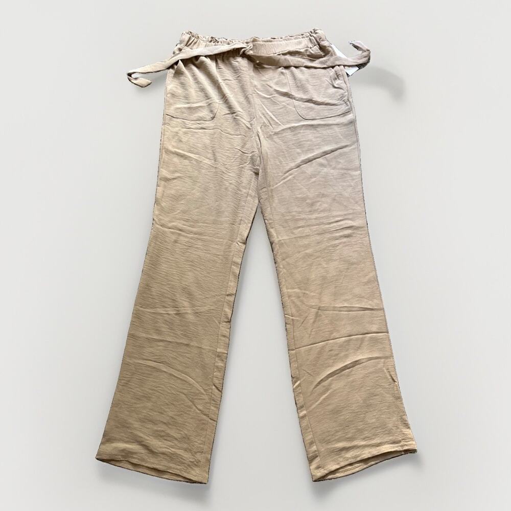 Women's Medium Camel Color Cotton Linen Wide-Leg Pants